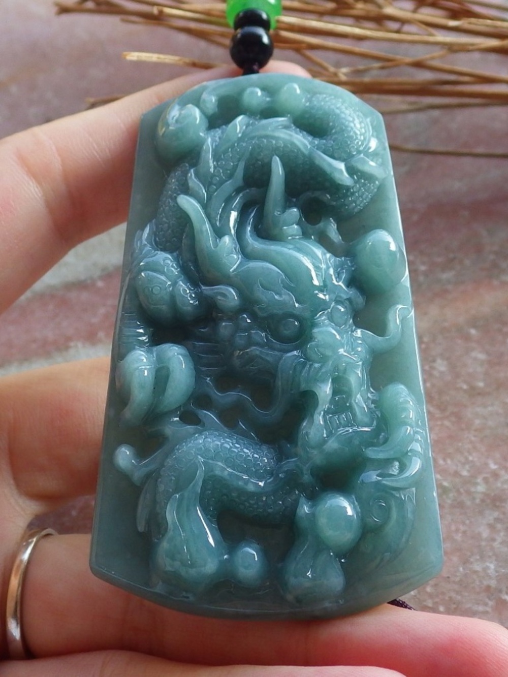 Certified Hand Carved Natural A Jade jadeite Dragon Bead Ruyi Pendant Necklace